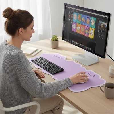 Tapis de souris XXL lilas minimaliste avec repose-poignet intégré, utilisé par une femme devant un ordinateur sur un bureau.