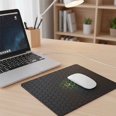 Tapis de souris noir avec motif hexagonal en relief et éclairage vert sous une souris blanche sur bureau en bois clair.  Clic ton jeu.