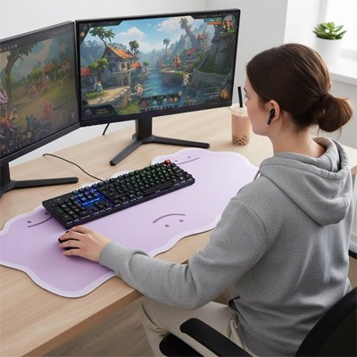 Tapis de souris XXL lilas minimaliste avec repose-poignet intégré, posé sur bureau en bois clair avec clavier noir et écran.