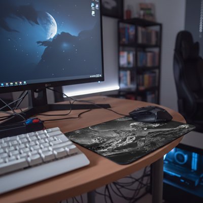 Tapis de souris noir et gris avec motif artistique détaillé posé sous une souris noire sur un bureau en bois clair, clavier.  Clic ton jeu.