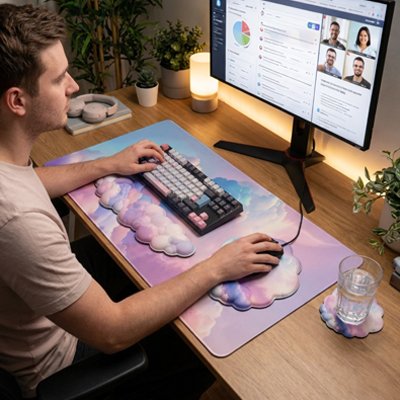 Tapis de souris ConfortGel nuage violet pastel avec support poignet ergonomique assorti sur bureau en bois clair, clavier.
