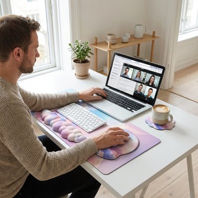Tapis de souris ergonomique ConfortGel en nuances de rose avec repose-poignet en gel, utilisé par un homme à un bureau clair .