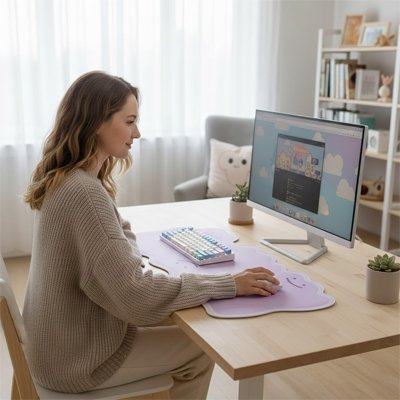 Tapis de souris XXL lilas avec repose-poignet intégré sur bureau en bois, clavier pastel, plante verte près d’un écran.
