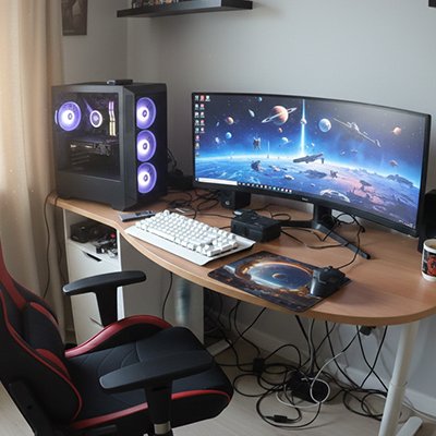 Poste de travail avec tapis de souris noir à motif spatial, clavier blanc et écran incurvé affichant une galaxie, tour PC.  Clic ton jeu.