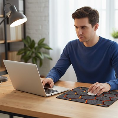 Tapis de souris gris foncé avec motif hexagonal en relief et accents orange, posé sur bureau en bois clair.  Clic ton jeu.