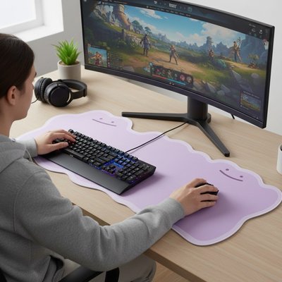 Tapis de souris XXL lilas en forme nuage avec repose-poignet intégré, clavier et souris dessus, bureau clair.