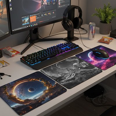 Trois tapis de souris multi-design posés côte à côte, motifs cosmiques en bleu, noir et violet, surface lisse avec couleurs.  Clic ton jeu.